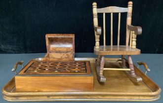 A mahogany two handled rounded rectangular tray; a miniature rocking chair; a burr walnut mother-