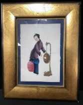 19th century, Chinese School Chinese Lady Banging a Gong unsigned, watercolour, 14cm x 19cm