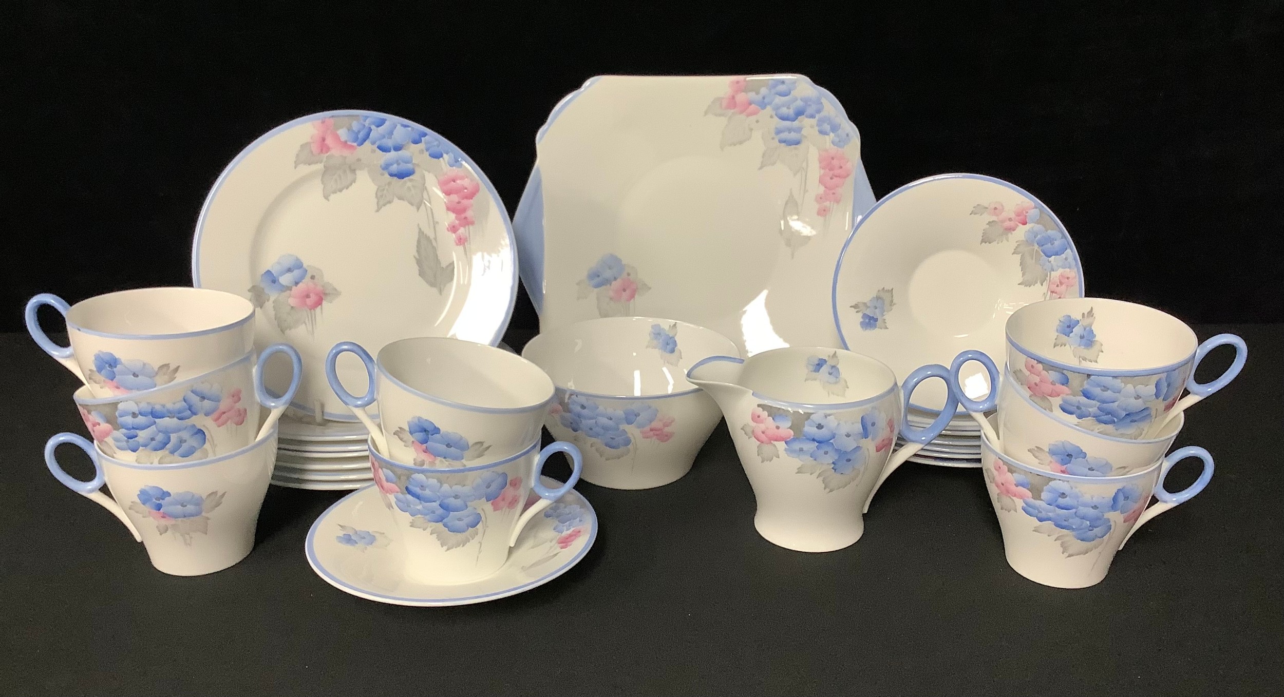 A Shelley Phlox pattern tea service for eight comprising serving plate, milk jug, sugar bowl,