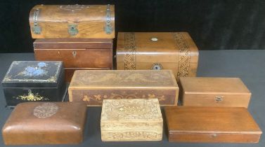 A Victorian walnut and parquetry banded work box, mother of pearl cartouche and escutcheon, 27cm