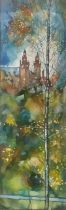 Bryan Evans Kelvin Grove Towers Through The Birch Trees signed, watercolour, 53cm x 16cm