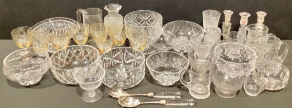 Glassware - a cut glass pedestal punch bowl, 18.5cm diameter; other cut glass bowls, jugs,