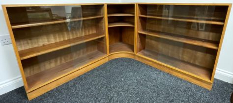 A teak corner bookcase in three sections, sliding glass doors, mid-20th century