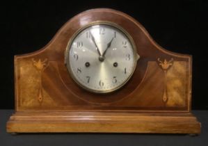 An Edwardian mahogany inlaid mantel clock, silvered dial, Arabic numerals, twin winding holes, eight