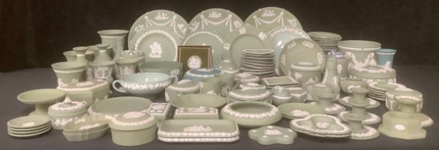 A large collection of Wedgwood Jasperware, sage green, including powder bowl and cover, boudoir