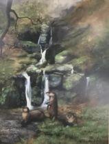 Caroline Manning Upland Stream with Otters signed, watercolour, 70cm x 53cm