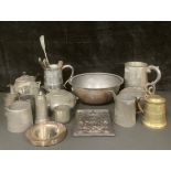 A 18th century style large pewter mug, 20cm, Viners of Sheffield; a French cast iron plaque, De