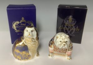 A Royal Crown Derby paperweight, Bulldog, gold stopper, 8.5cm, printed mark, boxed; another Royal