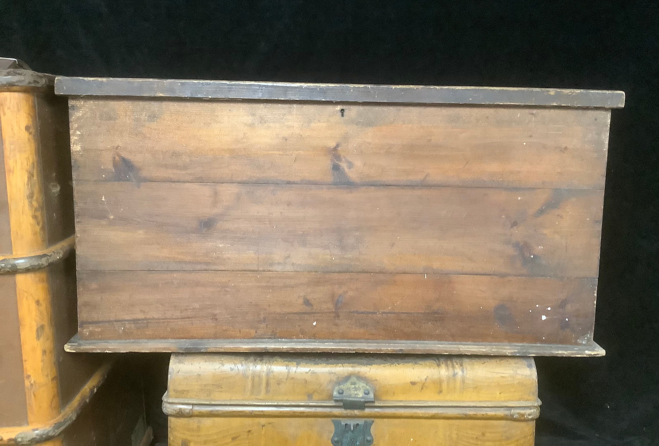 A metal trunk, hinged, domed cover; a travel trunk; a stained pine carpenter's box, hinged cover, - Image 3 of 4