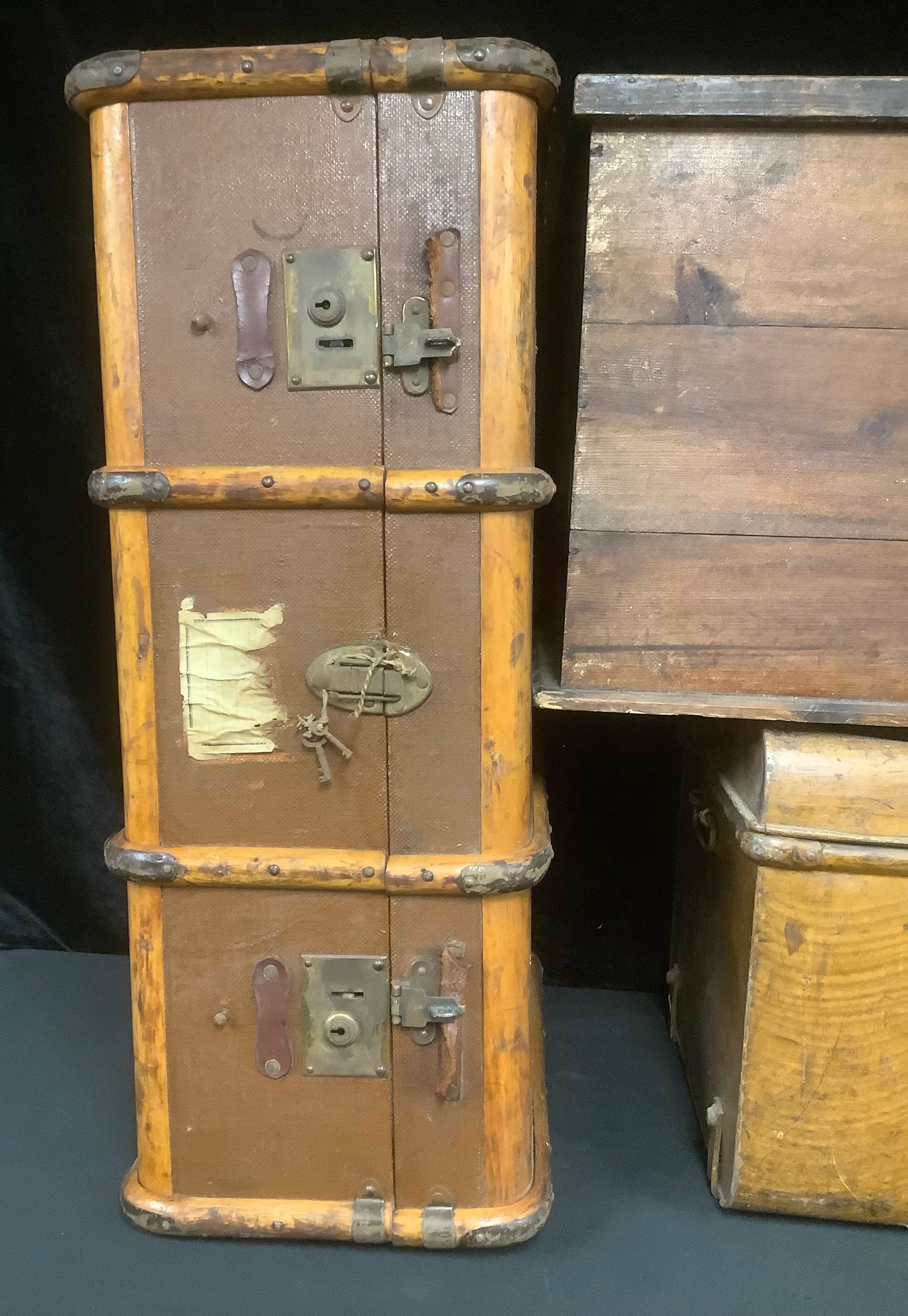 A metal trunk, hinged, domed cover; a travel trunk; a stained pine carpenter's box, hinged cover, - Image 4 of 4