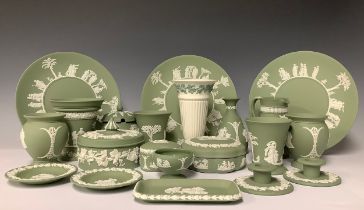 A Wedgwood Jasperware tapering cylindrical vase, in sage green and white; other similar Wedgwood