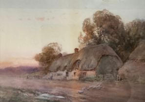 William Ramsey Thatched Cottage with Figure and Geese signed, watercolour, 25cm x 34.5cm