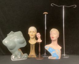 A 1920s milliner's mannequin bust; another 1940s; a shop display lingerie torso, 1950s; a 1930s