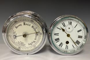 A Marine chrome ships clock, 12cm circular enamel dial, Roman numerals, subsidiary seconds dial