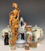 A Chinese export ware figure, two ginger jars and covers, assorted vases and trinket pots, resin