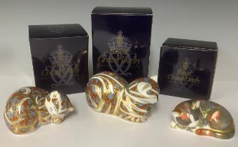 A pair of Royal Crown Derby paperweights, Contented cat and Contented Kitted, gold stoppers, printed