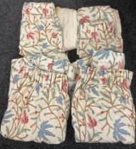 Textiles - a pair of large crewelwork curtains, 212cm long; another pair, smaller