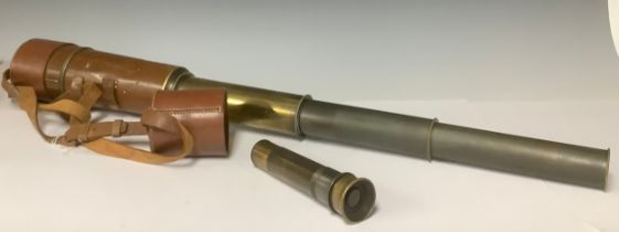 A brass four draw telescope, brown leather case with strap