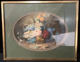 19th century Dutch School Still Life with Summer Flowers unsigned, oval watercolour, 25cm x 18cm