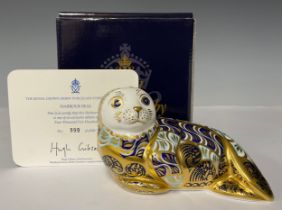 A Royal Crown Derby paperweight, Harbour Seal, 15cm, limited edition 999/4,500, hand signed in