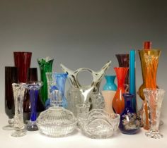 A mid-20th century cased glass kingfisher blue slender tapering vase; other similar decorative mid-