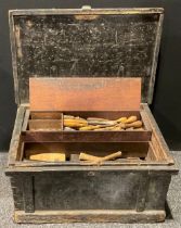 A large pine carpenter's tool chest, with tools 42cm, 76cm