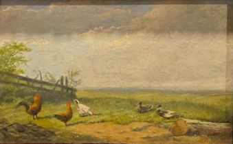 Eugene Verboeckhoven (1779-1881) chickens and ducks in a landscape signed, oil on mahogany panel,