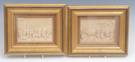 A pair of early 20th century 'lava' bas relief panels, in the Teniers taste with busy market day