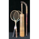 Sporting Interest - a signed cricket bat, Kent 1981; two tennis racquets; a hockey stick