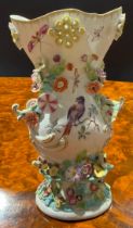 A Derby Patch Mark frill vase, pierced flared neck, small scroll handles, painted with fanciful bird