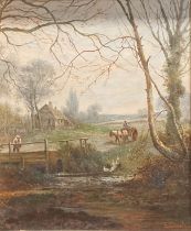 E Steele (19th century) Crossing the Ford signed, oil on canvas, 34cm x 28cm