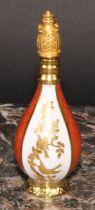 A Lynton porcelain baluster scent bottle, quartered in tangerine, white and gilt with birds