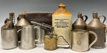 Railway Interest - spirit cans including LMS, originally from Derby Railway Works; a brown leather