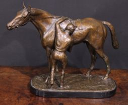 Jean Walwyn (20th century), a patinated bronze, Saddling Up, a horse and jockey, signed J. Walwyn,