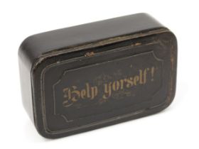A large late 19th century papier-mâché rounded rectangular table or shop counter snuff box, the