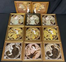 A set of four Maw majolica tiles, The Seasons, another set; others, Art Nouveau Ladies, 20cm, all