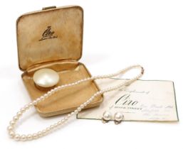 Jewellery - a single strand graduated pearl necklace, the clasp marked 'CIRO' and '9CT_', cased with