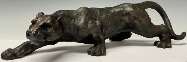 A 20th century dark cast iron, prowling Black Panther, bronze effect, 40cm long