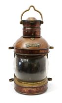 Maritime Interest - a ships copper and brass mast head lantern, pole suspension rings to sides,