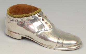 A large Edwardian silver novelty pin cushion, as a shoe, 13cm long, S Blanckensee & Sons Ltd,