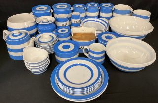 A collection of T.G. Green blue and white Cornishware, including salt box, jugs and covers,