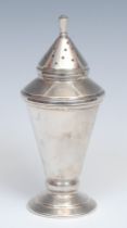 An Art Deco silver rocket shaped sugar caster, geometric finial, stepped circular base, 17cm high,
