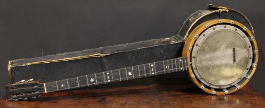 A banjo, outlined with boxwood stringing, 90cm long, cased, early 20th century