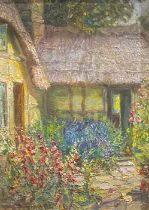 J Townshend Cottage Garden With Cat bears signature, oil on board, 39cm x 27.5cm