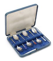 A set of six 1950's silver and harlequin enamel teaspoons, the terminals decorated in the 'Art Deco'