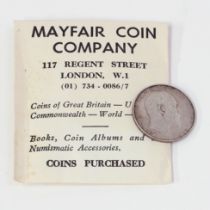 UK silver coin – half-crown Edward VII 1905, AVF, with Mayfair Coin Co. 117, Regent Street,