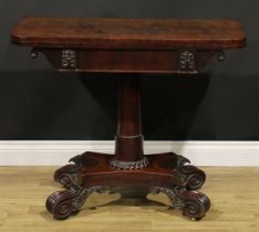 A George IV mahogany card table, possibly Scottish, hinged top enclosing a baize lined playing