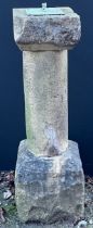 A stone and reconstituted stone garden sundial, 100.5cm high, the top 26cm square