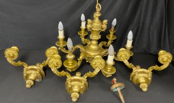 A Neoclassical style six branch bronzed effect chandelier or electrolier, the central support column