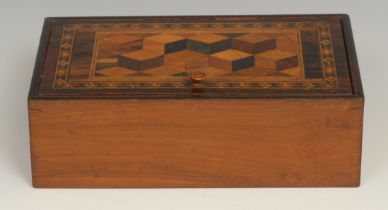 A 19th century Tunbridge ware and rosewood rectangular work box, hinged cover inlaid with tumbling